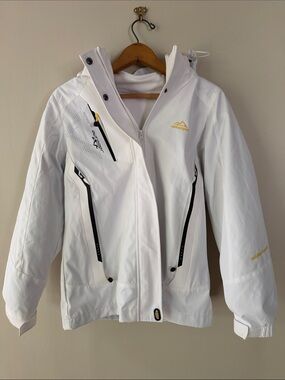 White Hooded Ski Jacket with Black Zip Accents and Yellow Logo